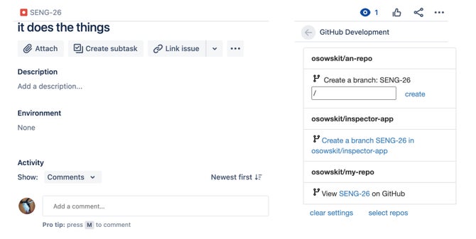 Creating GitHub branches from Jira, screenshot 1