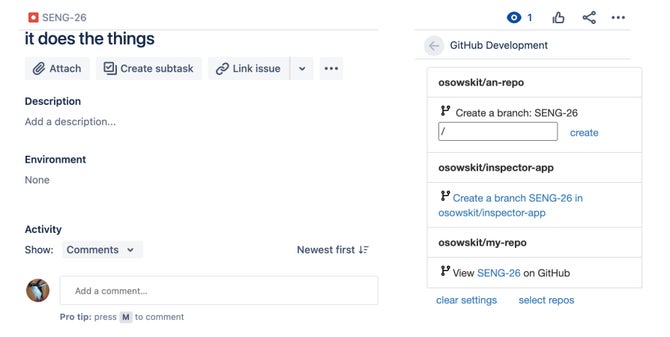 Creating GitHub branches from Jira screenshot