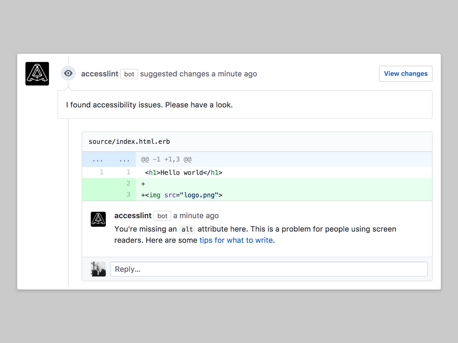 AccessLint posting a comment on a PR with an img tag with missing alt text.