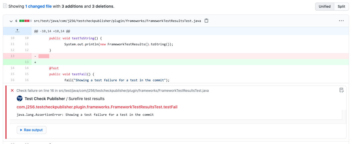 Example of output showing how unit test lines in the commit are annotated.